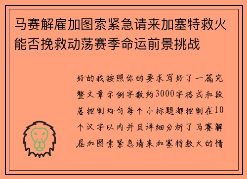 马赛解雇加图索紧急请来加塞特救火能否挽救动荡赛季命运前景挑战