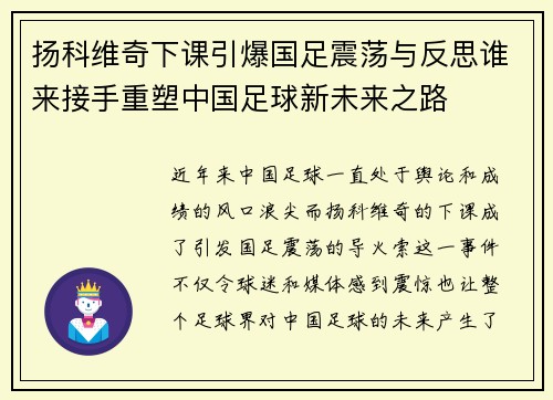 扬科维奇下课引爆国足震荡与反思谁来接手重塑中国足球新未来之路