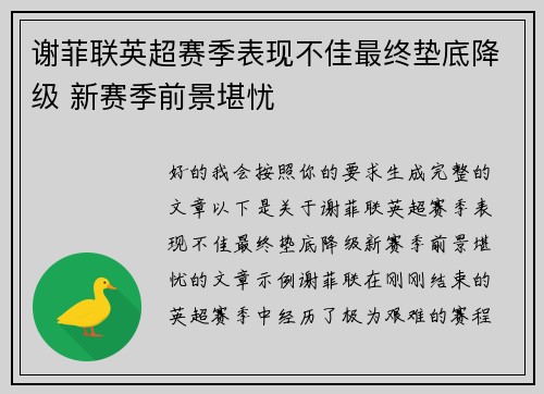 谢菲联英超赛季表现不佳最终垫底降级 新赛季前景堪忧
