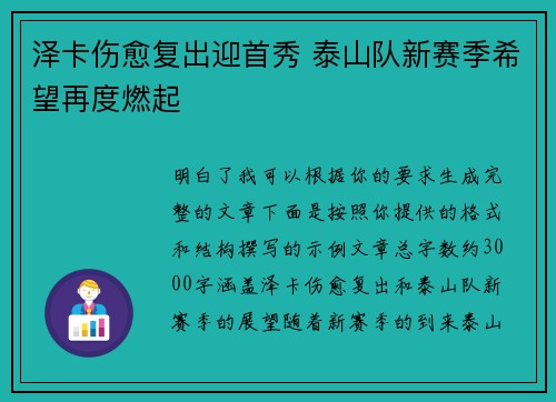 泽卡伤愈复出迎首秀 泰山队新赛季希望再度燃起 泽卡伤愈复出迎首秀 泰山队新赛季希望再度燃起
